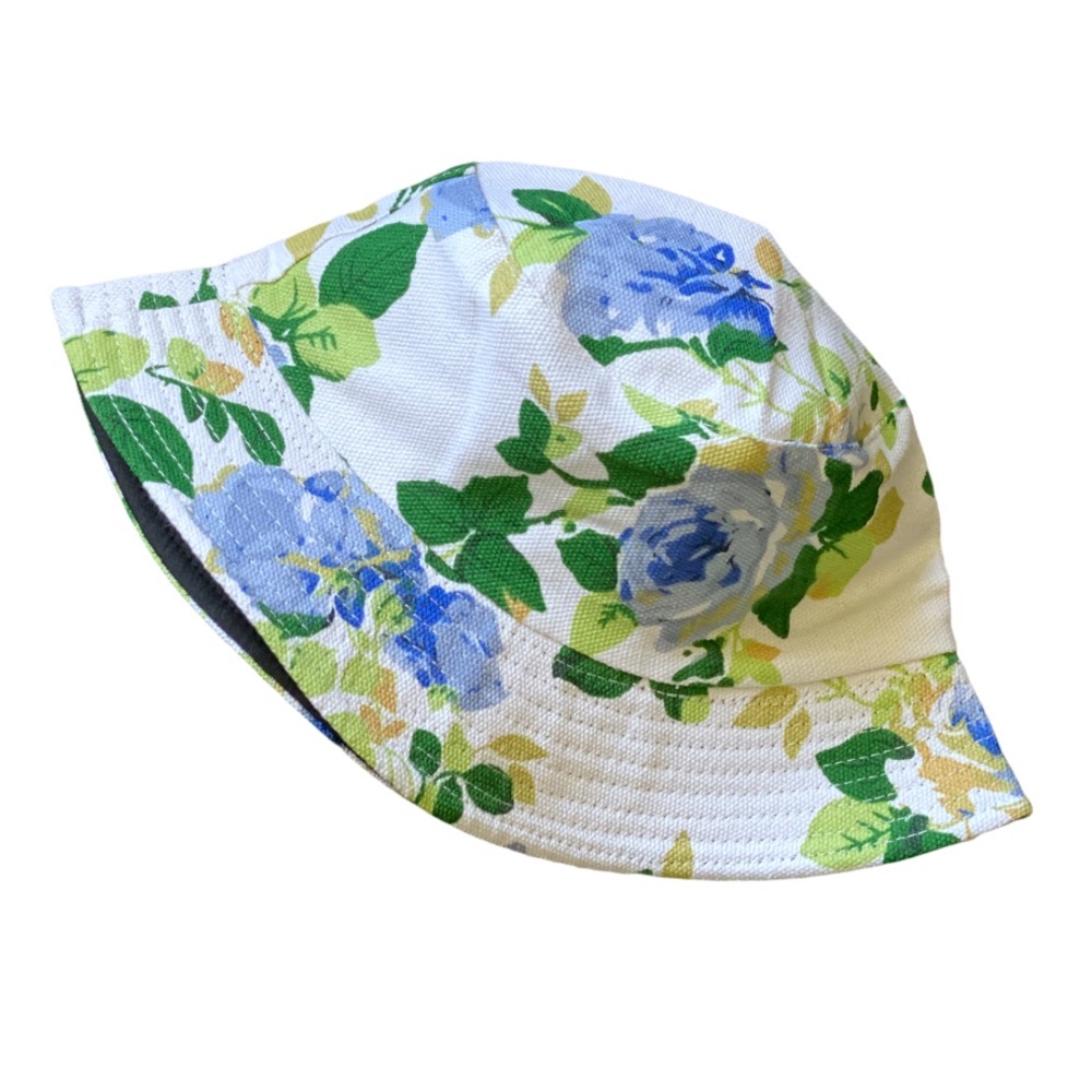 Women’s White Bucket Hat & Blue Boho Floral Summer Vintage Style Panama Cap NEW